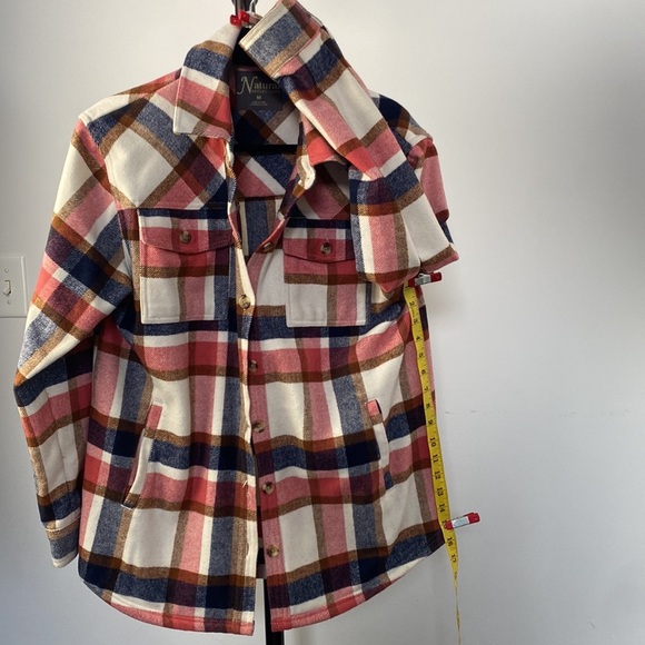 2/$25Red navy white casual plaid button front hoodless Shacket jacket coat sz M - Picture 8 of 9